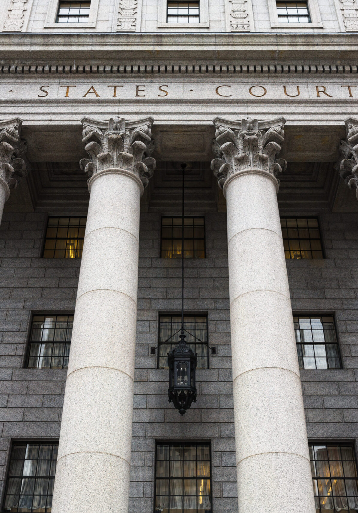 NEW YORK USA - Apr 28 2016: United States Court House. Courthouse facade with columns lower Manhattan New York